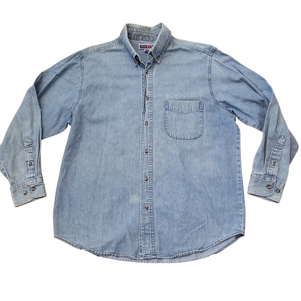 Jerzees L Denim Shirt Blue Cotton Button Down Workwear Barn Chores Mountain Man